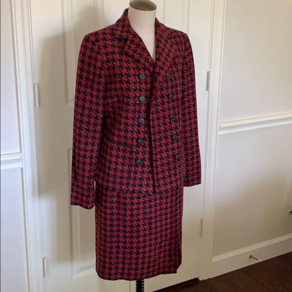 Jones New York Red and Black Houndstooth Skirt Suit